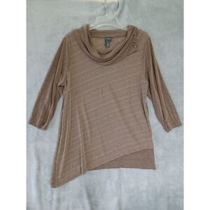 Chicos Top Sz 2 / L Brown Gold Cowl Neck 3/4 Sleeve Liquid Slinky Knit Casual